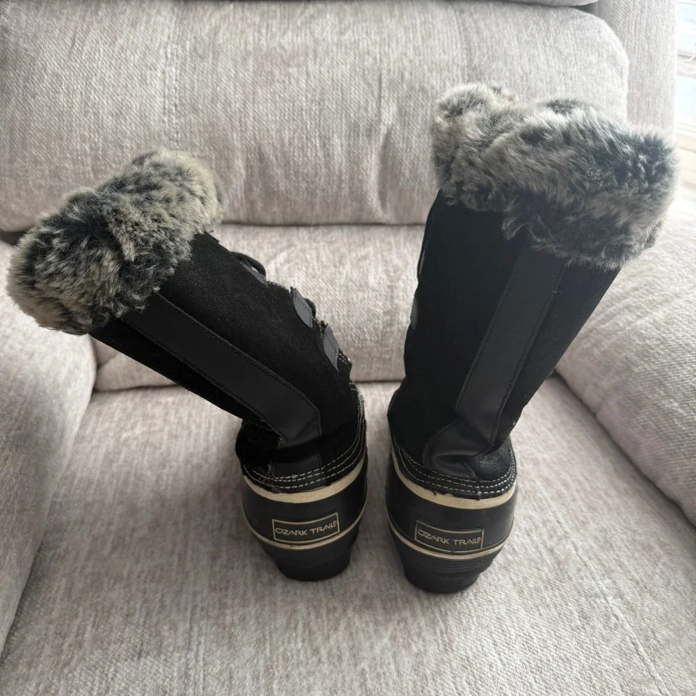 Ozark Trail Womens Black Suede Faux Fur Trim Winter Snow Duck Boots Lace Up